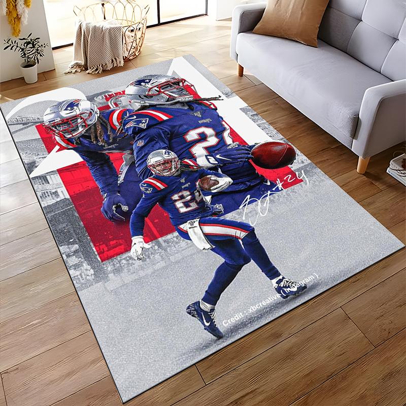"Patriots Football Player Action Rug Design - Non-slip rug suitable for living room and bedroom sofas."