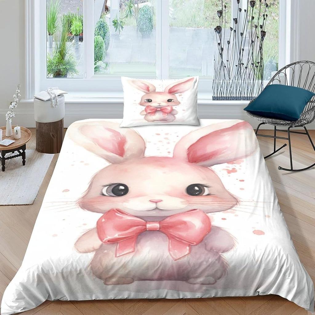Cartoon rabbit bedding set with 3D printing for children and adults, luxurious ultra-fine fiber soft down duvet cover with zippe