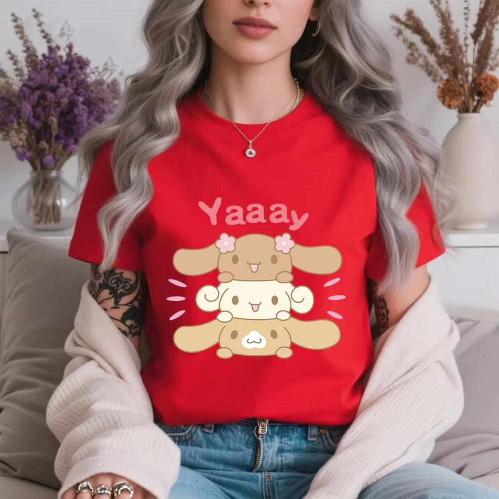 

2026 Summer Cinnamoroll Yaaay Stack Print Casual Cotton T Shirt for Women Soft Breathable Daily Wear Summer Top S