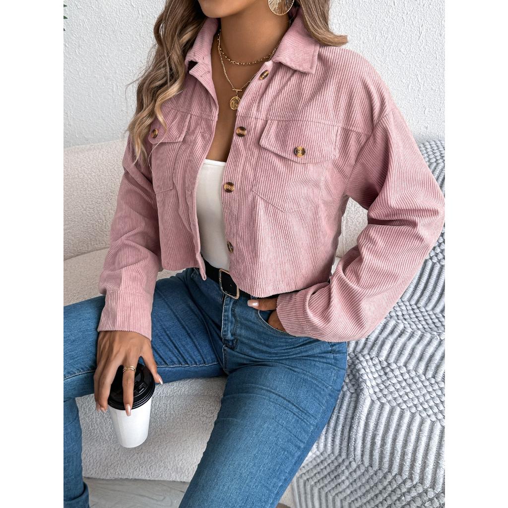 Autumn and Winter, Casual Jacket, Pocket, Long Sleeved, Corduroy, Short Jacket, Warm Jacket, Women's Clothing