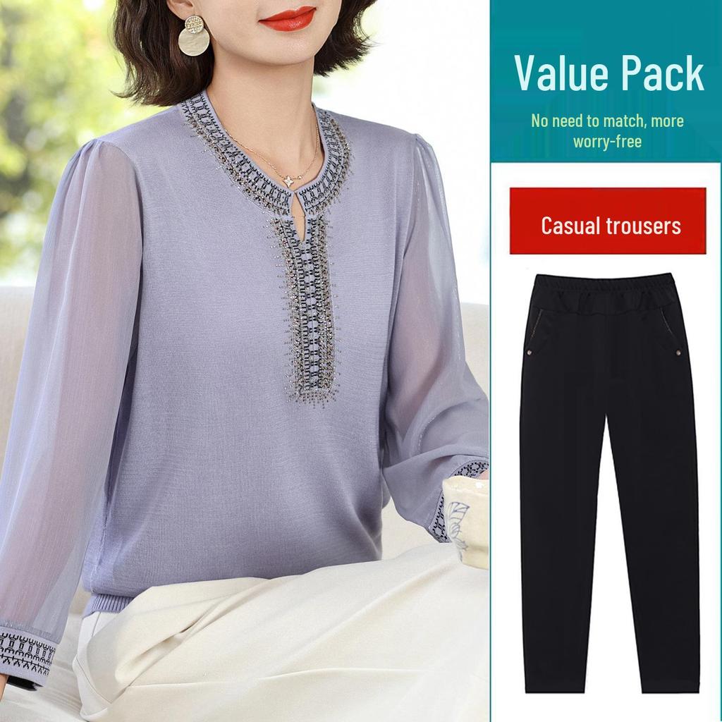 Schickes Herbst-Rundhals-Langarm-T-Shirt für Frauen mittleren Alters & ältere Frauen - Stilvolles Strickoberteil mit Gaze-Ärmeln