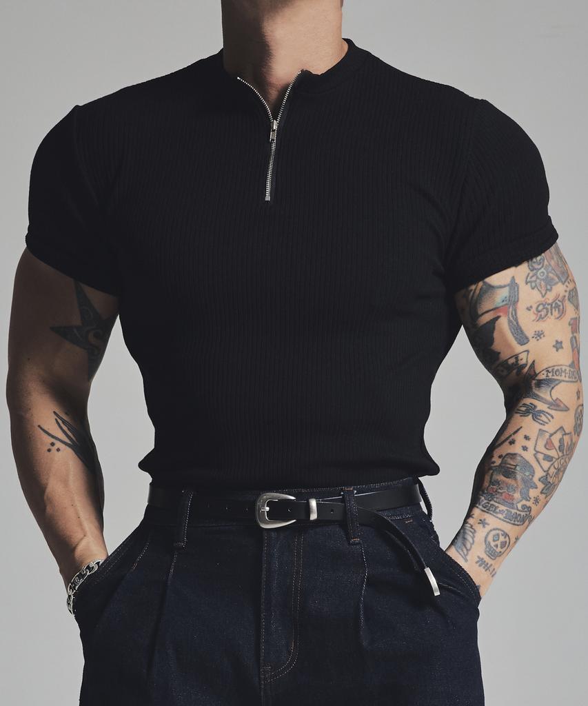 ASTROVE Zip-Up Ribbed Muscle Tee (Black)