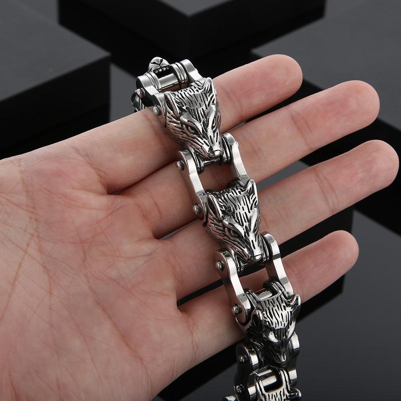 Heavy Punk Retro Viking Wolf Head Chain Bracelet Hiphop Men Women Stainless Steel Lion Bicycle Bike Biker Bangle Jewelry