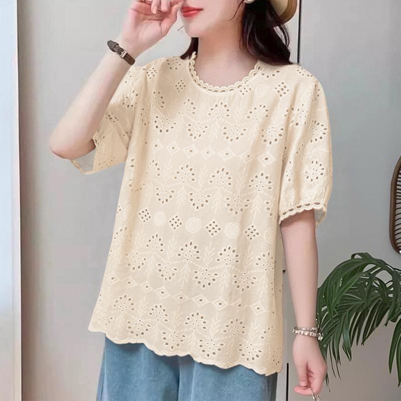 

ZANZEA Женская повседневная блузка с круглым вырезом, короткими рукавами, летняя, лоскутная, кружевная, вязаная крючком 4XL абрикосовый