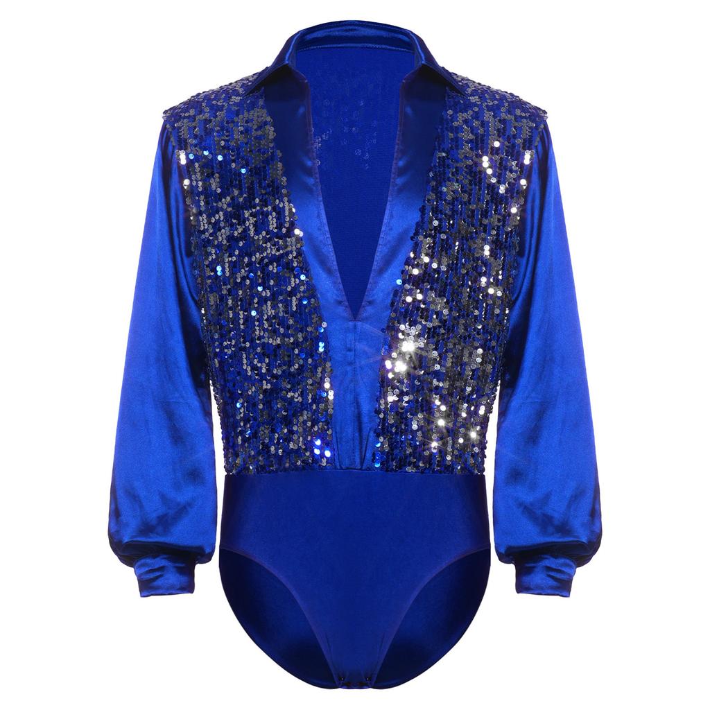 Mens Latin Ballet Dance Bodysuit Glittery Sequined Bodice V Neck Satiny Long Sleeves Buttoned Crotch Leotard