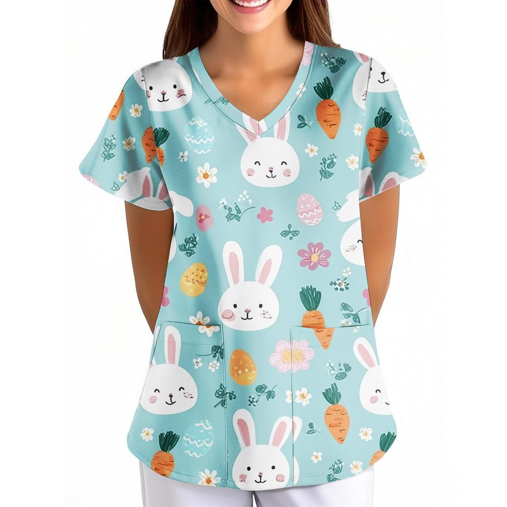 Dámské velikonoční potisk volný V-výstřih kapsa krátký rukáv Ošetřovatel/ Uniforma