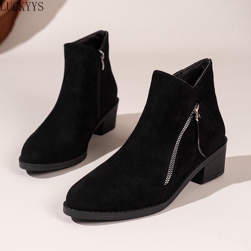 Modische Wildleder-Reißverschluss-Stiefeletten für Damen 2025 Herbst Spitz Damen Schuhe Gewebtes Patchwork Damenstiefel Prägnanter Blockabsatz Chelsea Boots