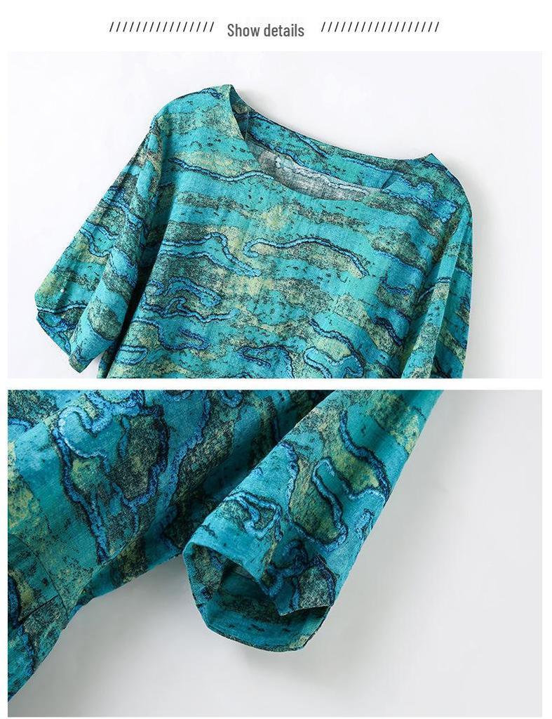 2025 Women's Summer Floral Cotton-Linen Mid-Length Slimming Dress