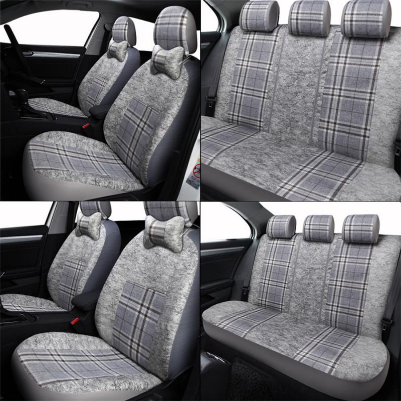 Gray Lattice Rural Style Flax Fabrics 5Seat Universal Seat Cushion For Sedan Suv