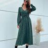 Green Leopard Print Chic Women Dress High Waist Long Sleeve V Neck Long Dress