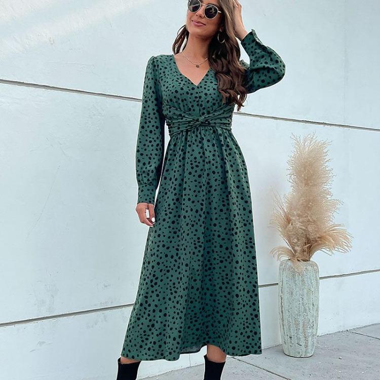 Green Leopard Print Chic Women Dress High Waist Long Sleeve V Neck Long Dress