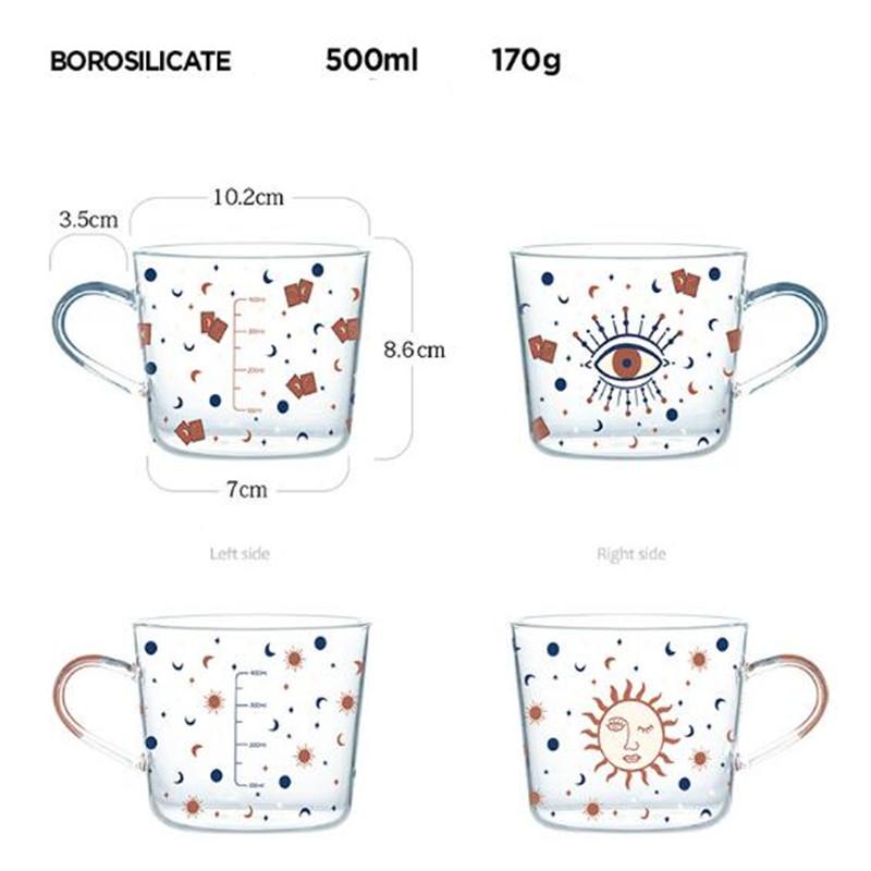 500ml Sun Eye Pattern Glass Mug with Scale Creative Breakfast Coffee Milk Cup Household Couple Water Drinkware Fun Gift