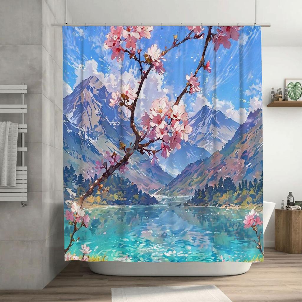 Cherry Blossom Mountain Lake Design Waterproof Shower Curtain Heat Resistant Machine Washable Non-Transparent 180x180cm