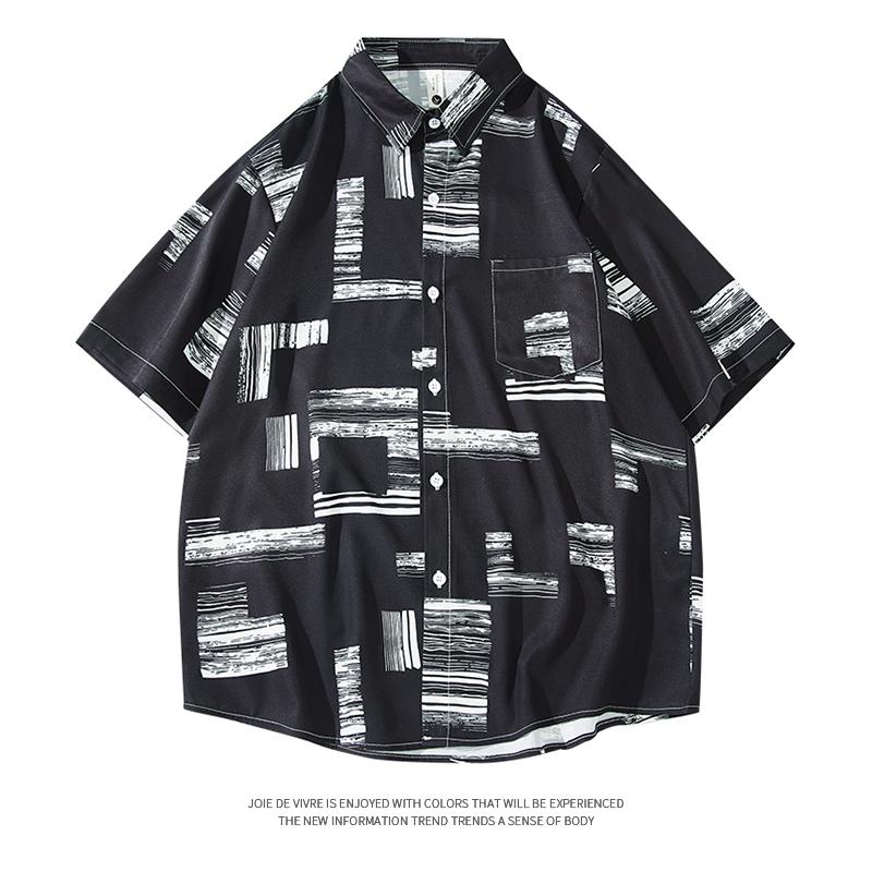 Summer Polo-neck Loose Casual Printing Single Breasted Shirt Male Short Sleeve Fashion All-match Cardigan Top Men