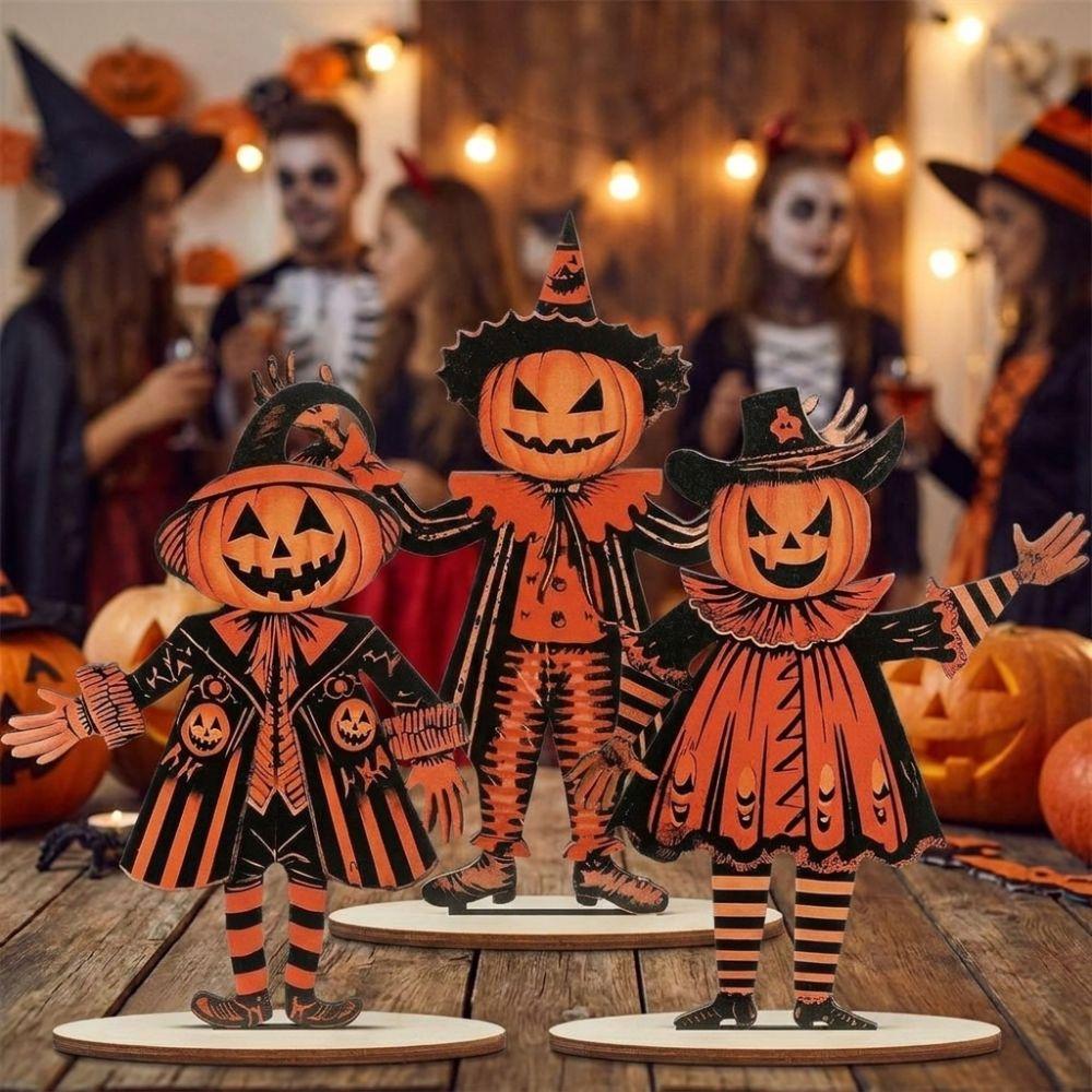 3Pcs 2D Flat Pumpkin Man Tabletop Decor Vintage Print Halloween Table Statue  Tabletop Display