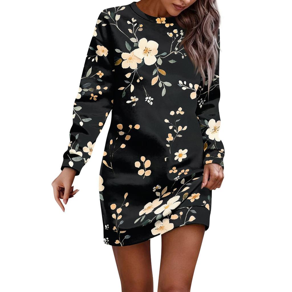 Women's Round Neck Vintage Floral Print Long Sleeve Wrap Dress Sweatshirt Dresses