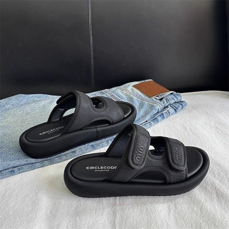 Soft leather Velcro thick bottom one-word women 2025 summer new lightweight height increase outer wear open-toed beach cool slippers