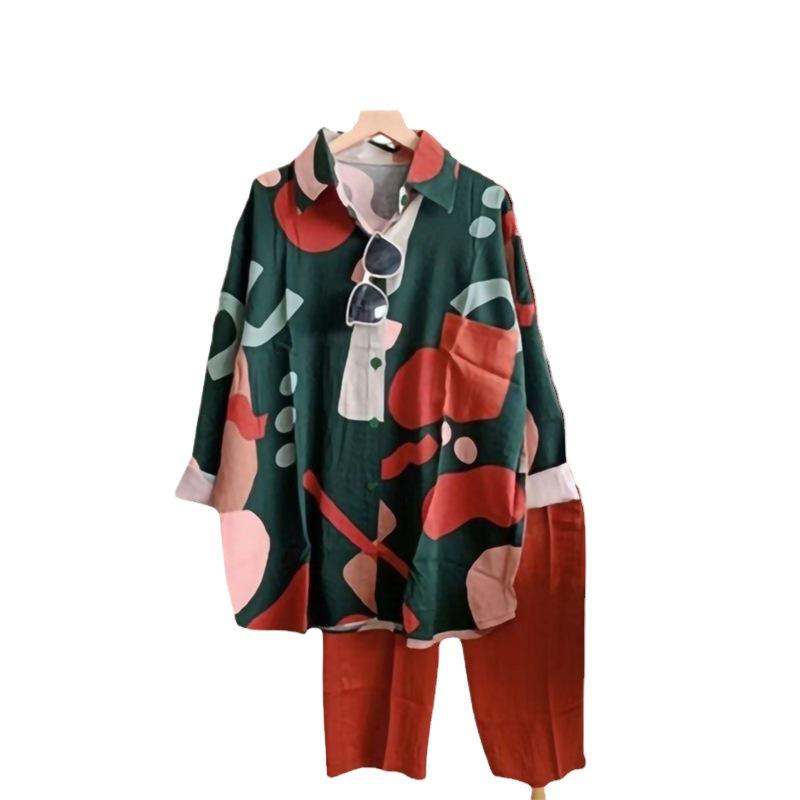 Completo due pezzi casual Primavera/Estate con colletto stampato a maniche a cinque maniche