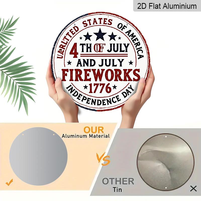 2D Flat, 1pc Round Aluminum Hanging Sign, Vintage 4th of July Metal Wall Art, USA Independence Day Fireworks Design, Perfect for Front Door, Porch