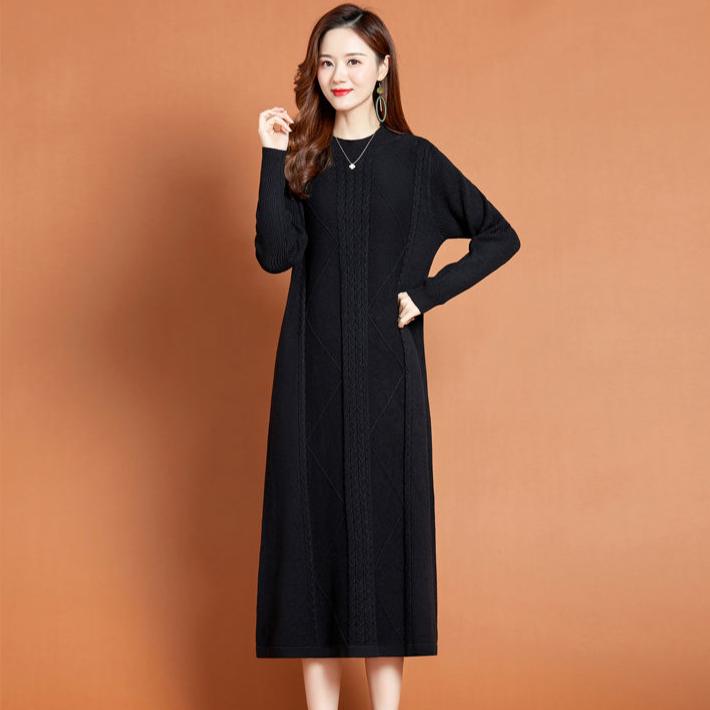 Knitted Dress for Women Mid-length Straight Sweater Dress Long Pullover Loose Knitted Sweater Knee-length Base Sweater