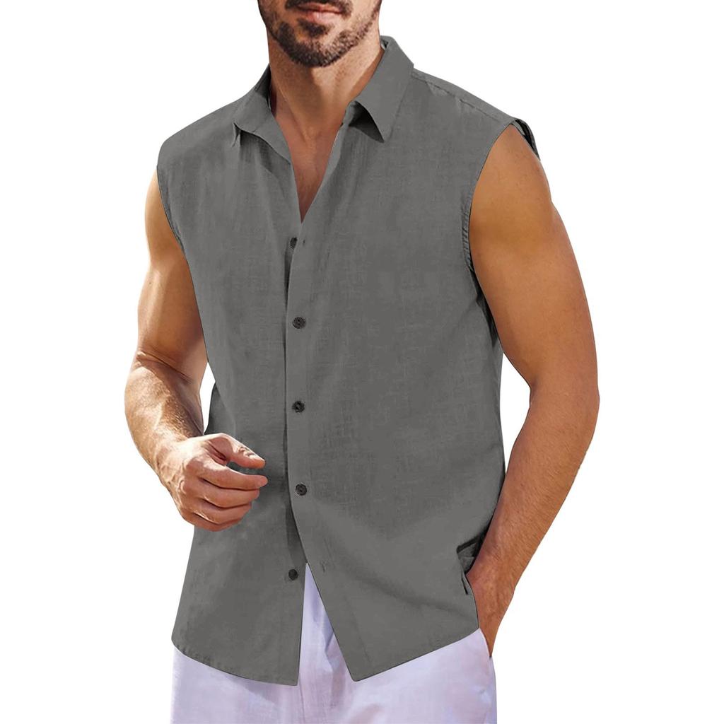Men's Summer Hawaiian Solid Color Sleeveless Button-Down Shirt