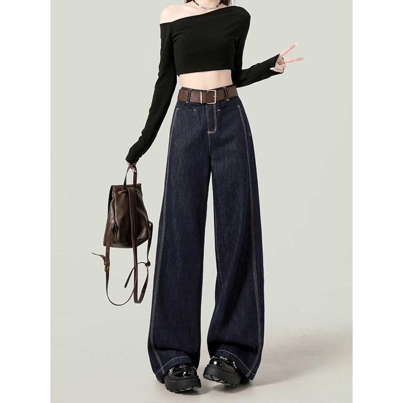 

Женские темно-синие джинсы с высокой посадкой и широкими штанинами - Винтажные джинсовые брюки на осень/зиму 2024 XS джинсовый синий