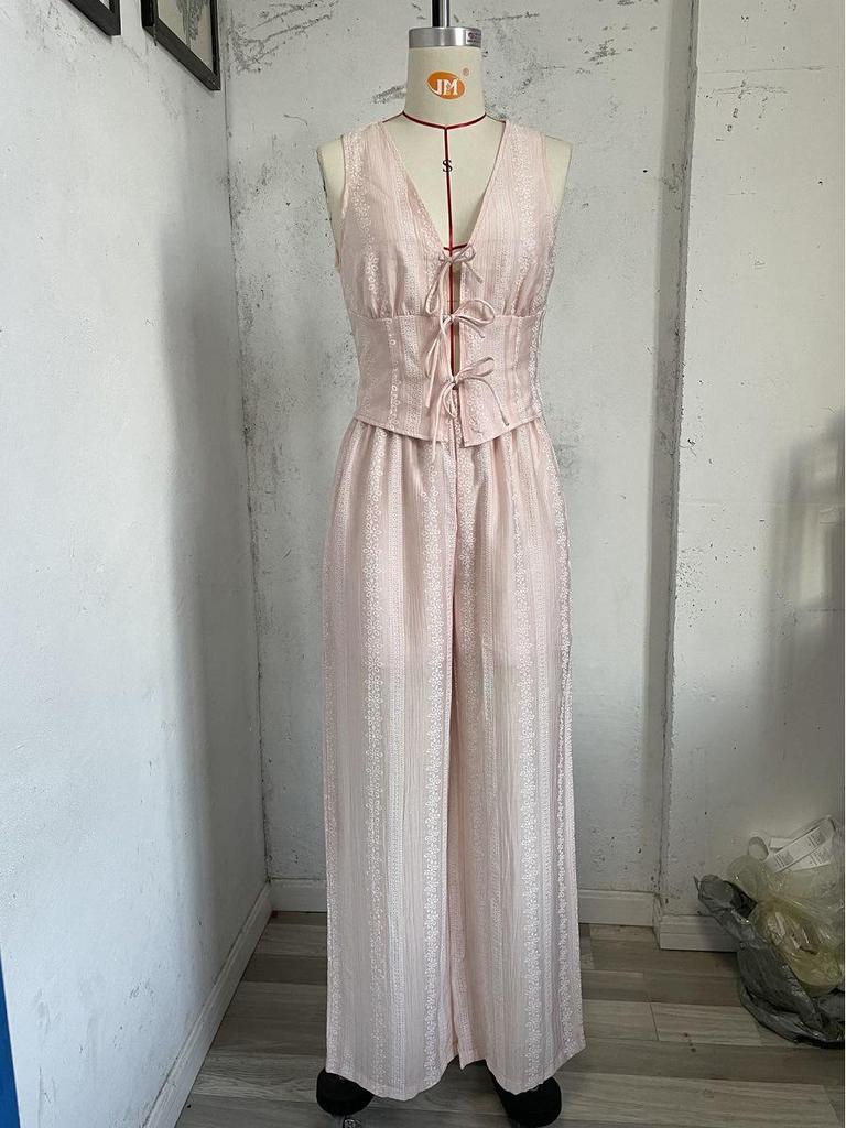 European & American Sleeveless Lace-Up Vest and Wide-Leg Pants Solid Color Two-Piece Set