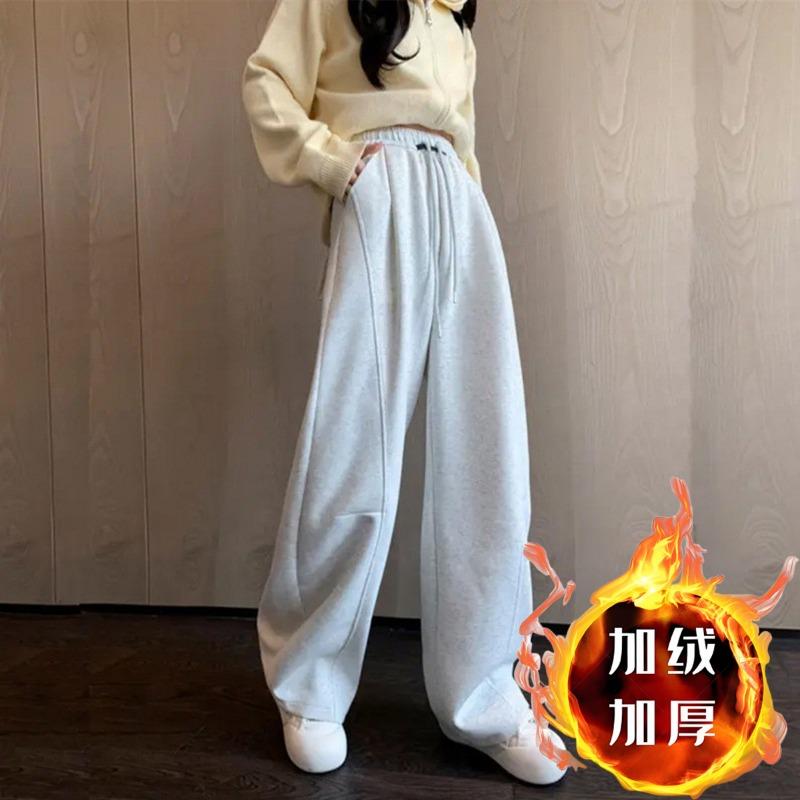 

Осень Зима Эластичные Брюки с Высокой Посадкой Однотонные Свободные Повседневные Спортивные Штаны Женские Бархатные Теплые Прямые Брюки M белый