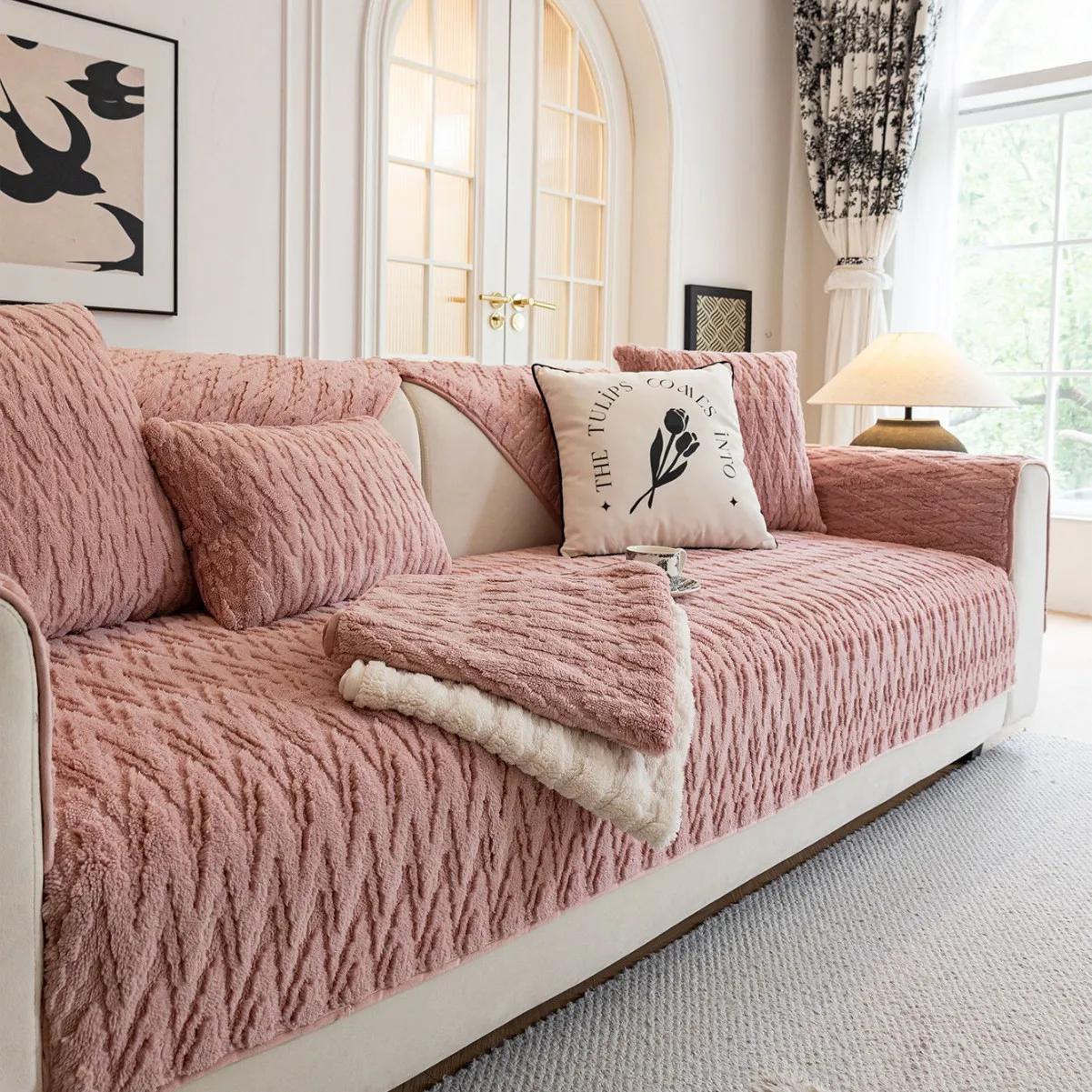 

Cotton Velvet Plush Sofa Cushion Four Seasons Universal Non-Slip Cushion Advanced Sense Sofa Cover Sofa Towel 70x90cm рожевий