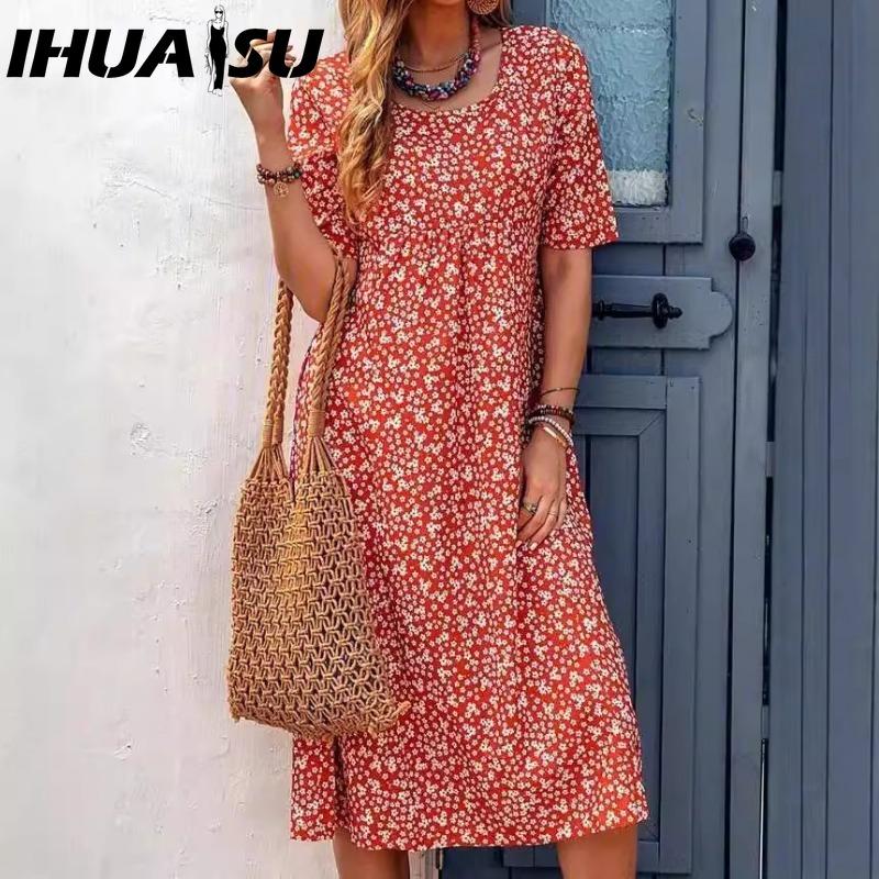 

IHUASU Женская мода Лето Весна Однотонный принт Короткий рукав Круглый вырез Высокая талия Повседневные платья XXXXXL оранжевый