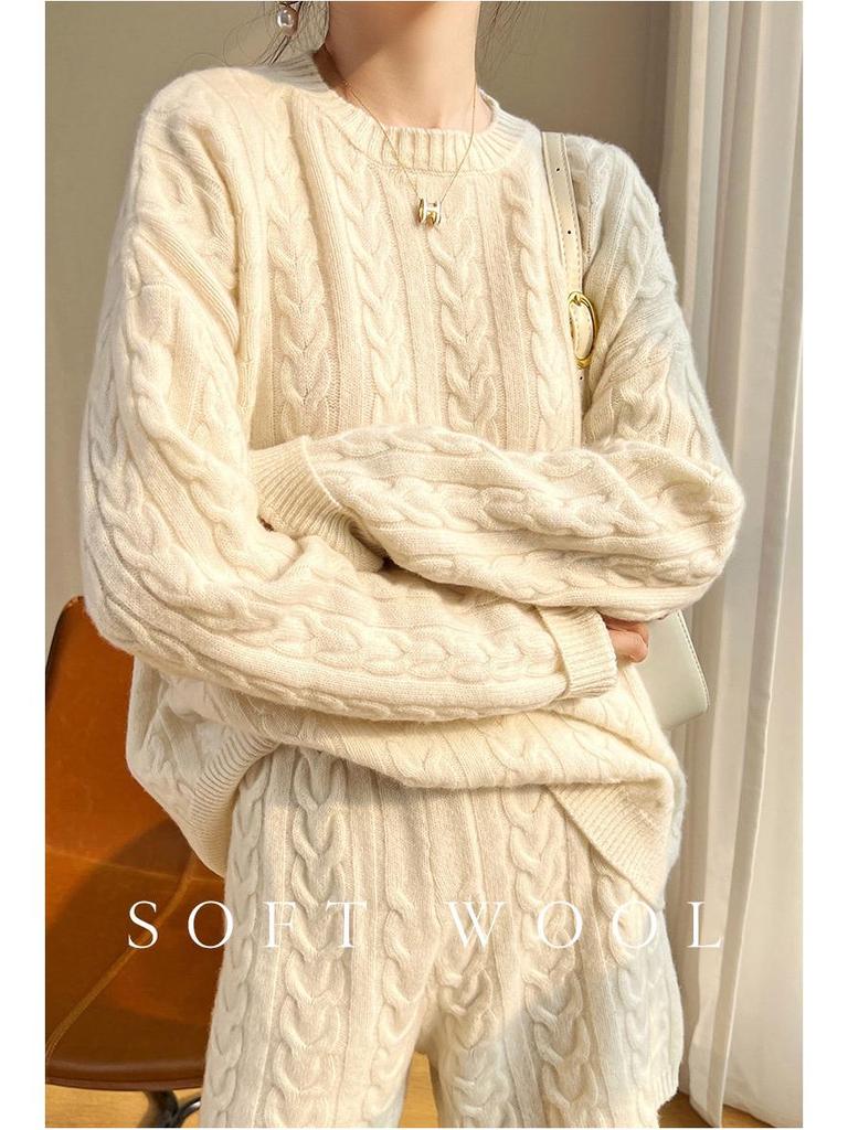 2022 Fall/Winter Women's 100% Wool Casual Knit Sweater & Cashmere Sweatshirt Set