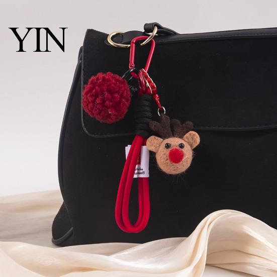 Knitted Holiday Embellishments Christmas Santa Claus Bag Charm, Crochet Keychain Pendant with Key Accessories Faux Leather Star, Xmas Hanging