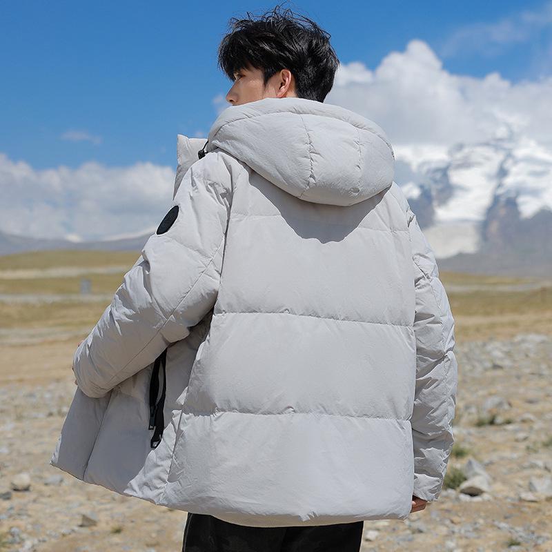 Men's 2025 Winter Hooded Down Jacket - Color Block, Zipper Pockets, Thick, Loose Fit, 90% White Duck Down.