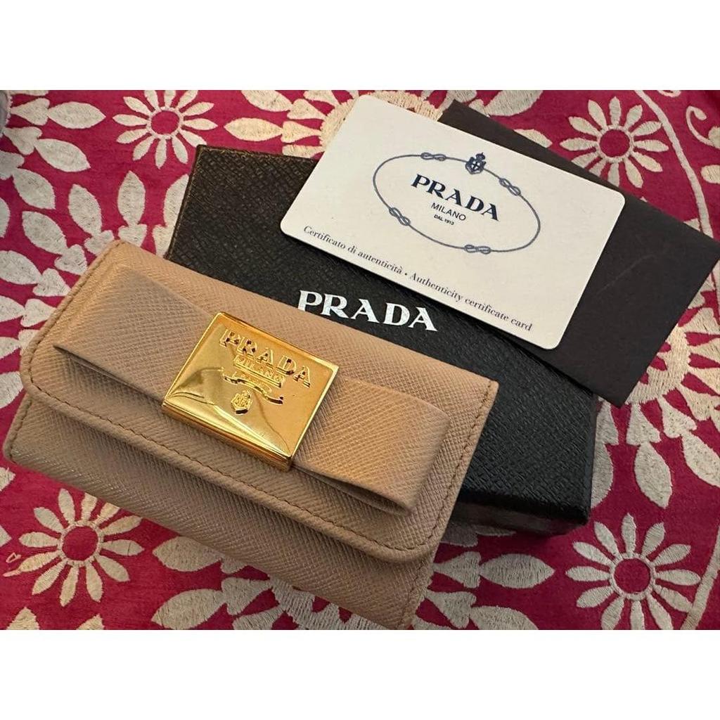 Used PRADA Saffiano Leather 6-Ring Ribbon Key Case Beige