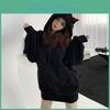 Hooded Cat Cartoon Ear Drawstring Thick Pullover Loose Solid Color Elastic Cuff Mid Length Warm Lady Hoodie
