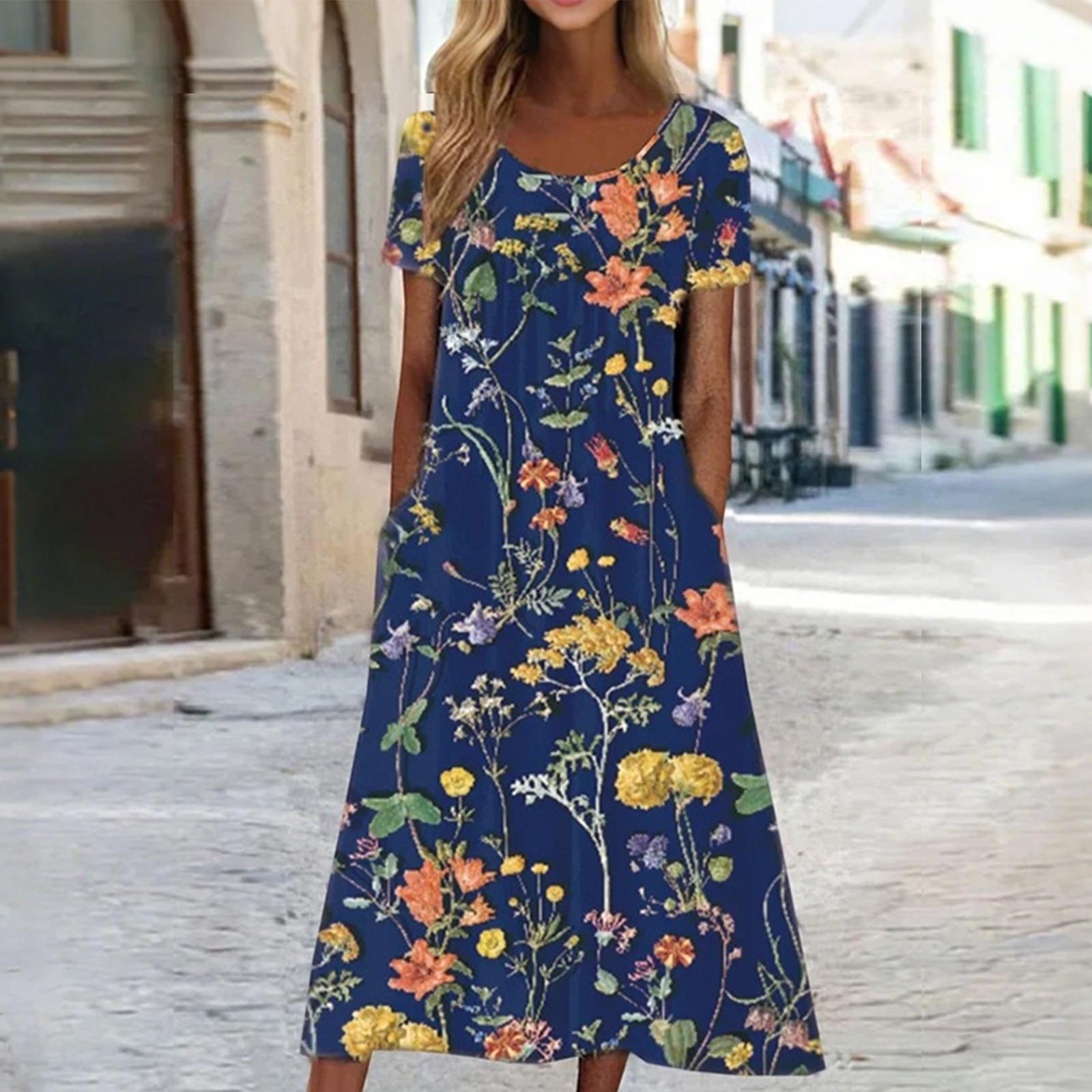 

Женское длинное платье с круглым вырезом и карманом, повседневное платье с коротким рукавом L синий