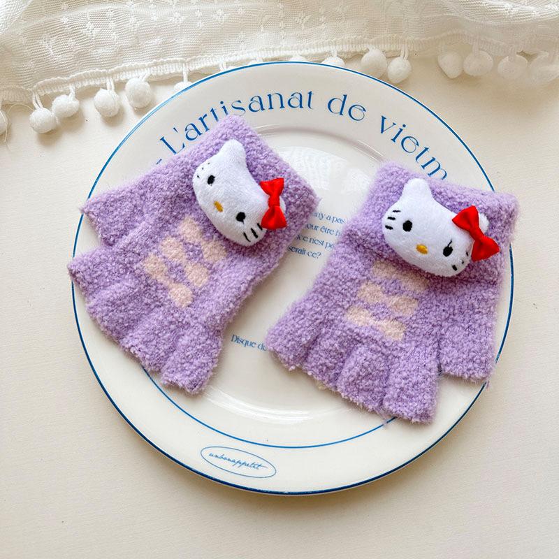 

Autumn and Winter Cute Kai T Cat Children s Knitted Plush Gloves Warm and Thickened Student Writing and Riding Baby Gloves One Size