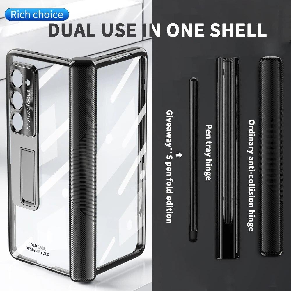 Transparente Hülle für Samsung Galaxy Z Fold 3 4 5, magnetisch, mit S Pen, gehärtetem Film, Kickstand-Schutzhülle