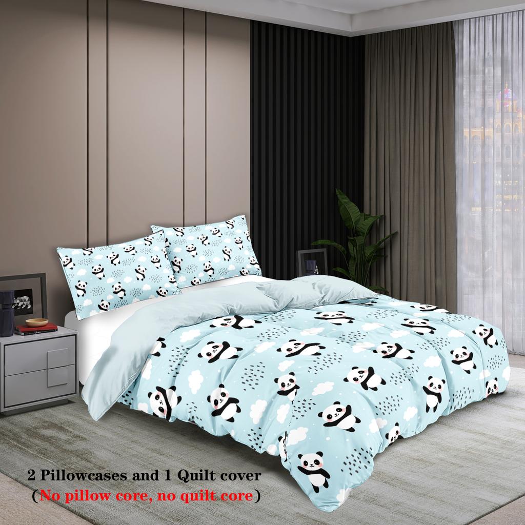 3-teiliges Bettbezug-Set (1 Bettbezug + 2 Kissenbezüge, ohne Füllung), süßes Panda Digitaldruck Bettwäsche-Set, weich, warm, hautfreundlich
