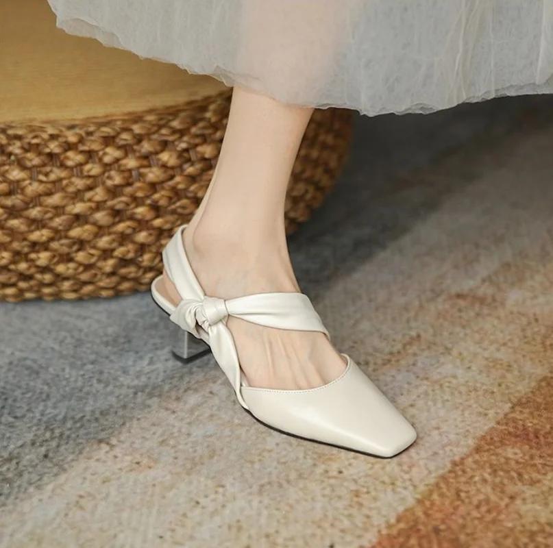Fashion Leather for Office Work Sandals Women Footwear Yellow High Heels Pointed Toe Medium Summer 2024 Block Heel Ladies Shoes Pearl F