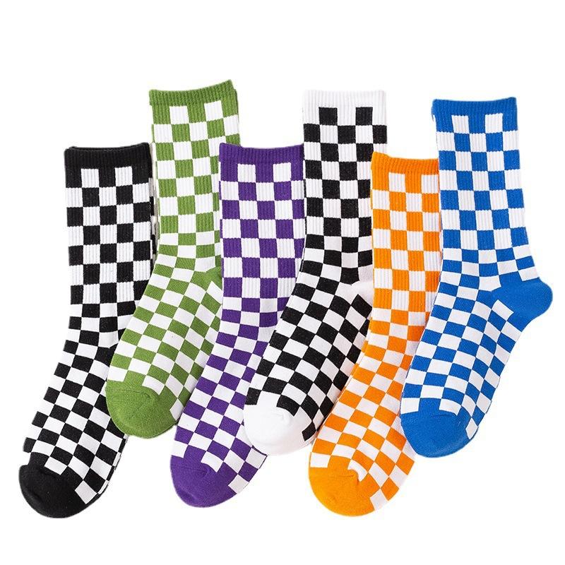 3 Pairs Women Cotton Socks Funny Black White Squares Plaid Casual Socks Breathable Middle Tube Socks