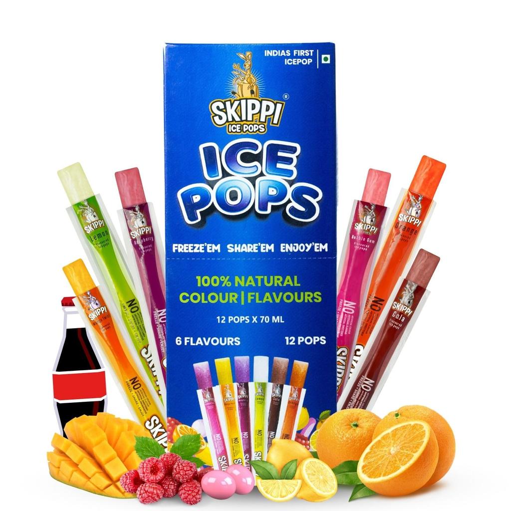 Ghiaccioli Naturali Skippi - Gusti Assortiti (Limone, Mango, Arancia, Lampone, Gomma da masticare, Cola) - 12 x 70 ml - Colori, Aromi 100% Naturali, a