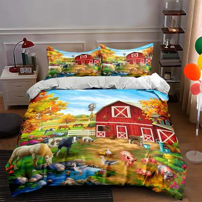 Farmyard Scene Illustration. Bedding Duvet Cover Sets Duvet Covers Pillowcases Gifts (1 * Duvet Cover 2 * Pillowcases, Without Duvet Insert)