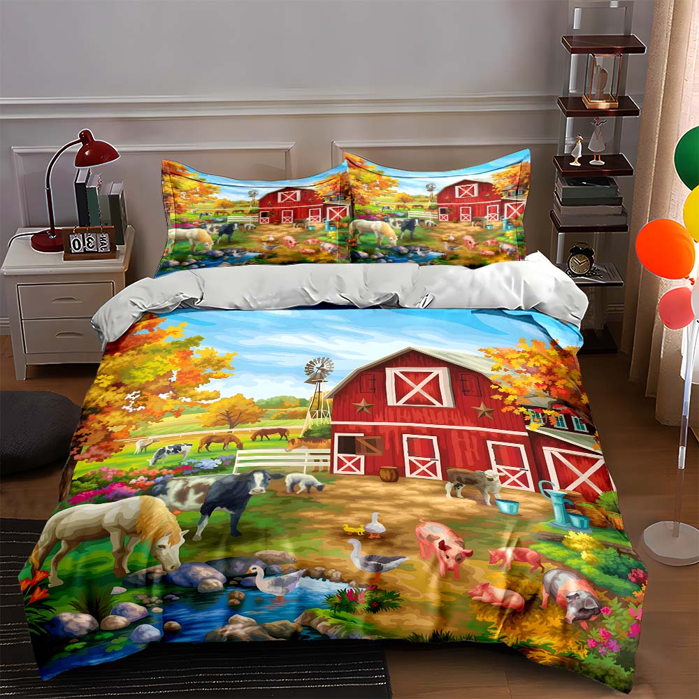 

Farmyard scene illustration. Bedding Duvet cover sets Duvet covers Pillowcases gifts (1 * Duvet Cover 2 * Pillowcases, without duvet insert) 135x200cm