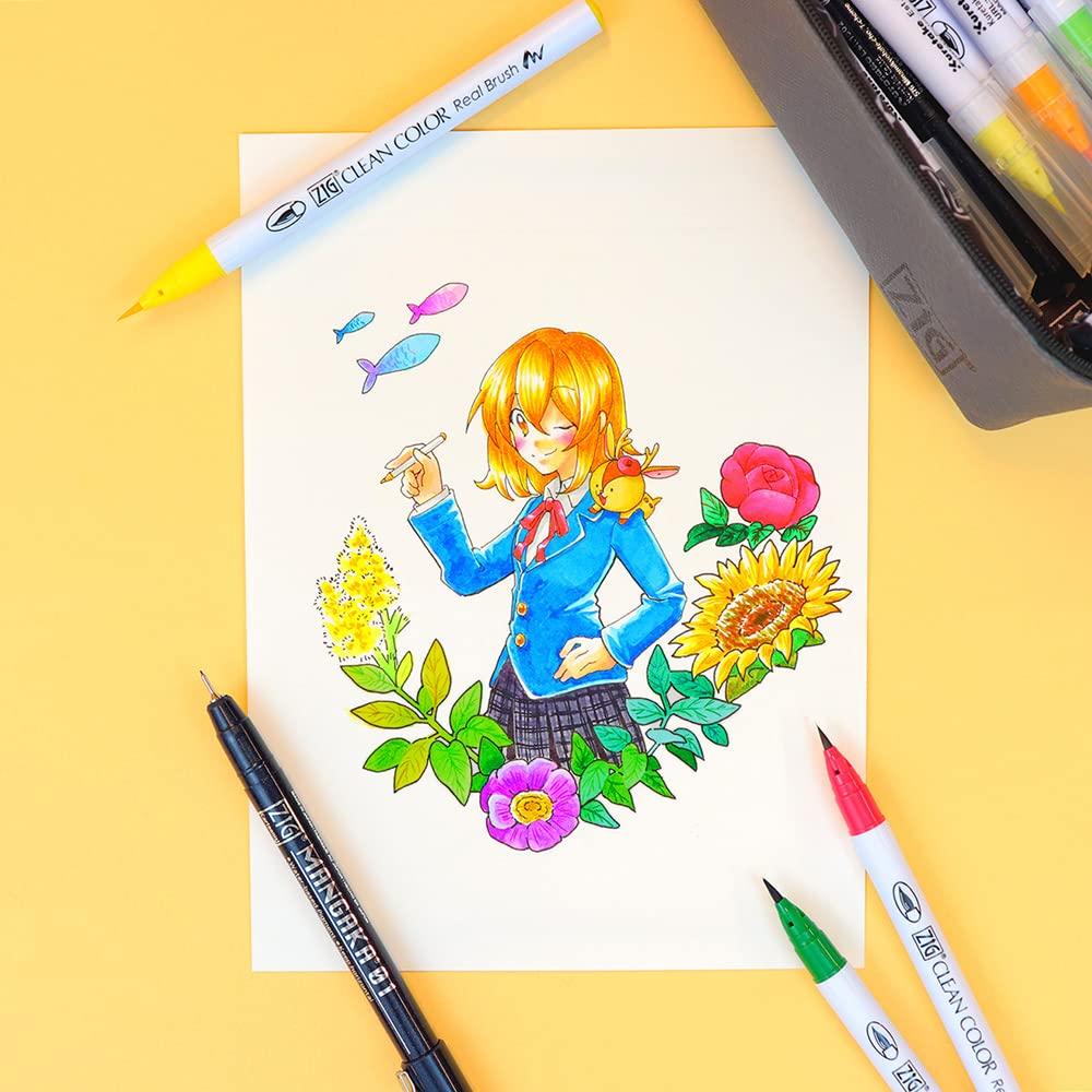 Kuretake Brush Pen Clean Color Real Brush + MANGAKA with Pouch Set RBCN160/22V