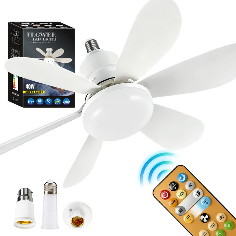 Socket Fan Light with Remote Ceiling Fan Lights with 3 Colors Dimmable 3 Speed Portable E27 Light Bulb Fan for Bedroom