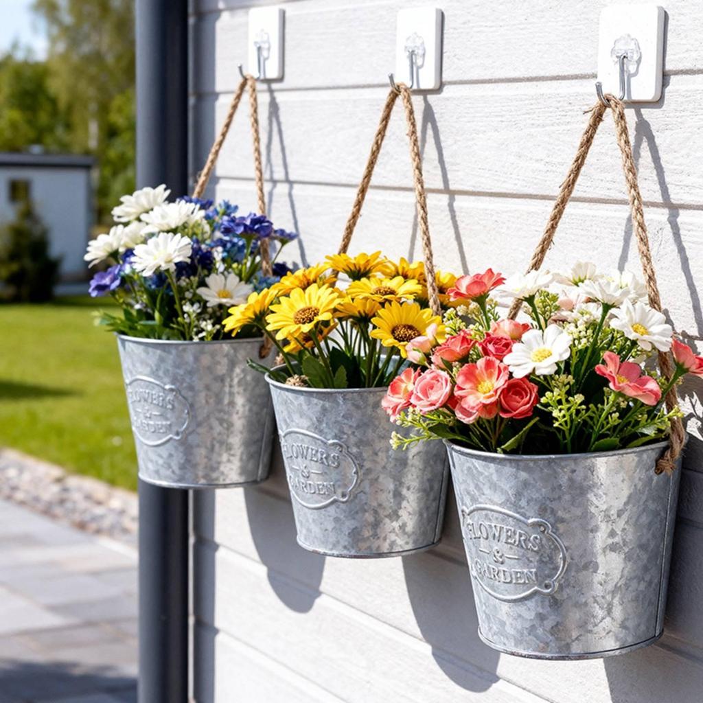 Metal Wall Planter Vintage Design Hanging Bucket Farmhouse Look Rustic Floral