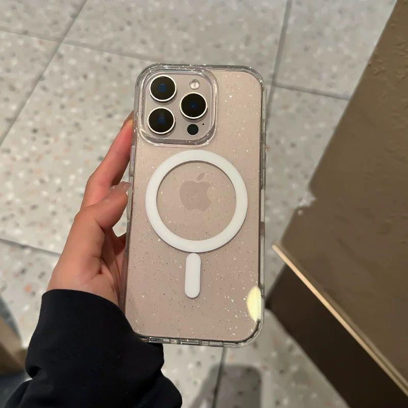 Bling Glitter Magnetic Case for iPhone 16 15 14 Plus 13 12 Pro Max Clear Hard Acrylic For Magsafe Wireless Charging Cover