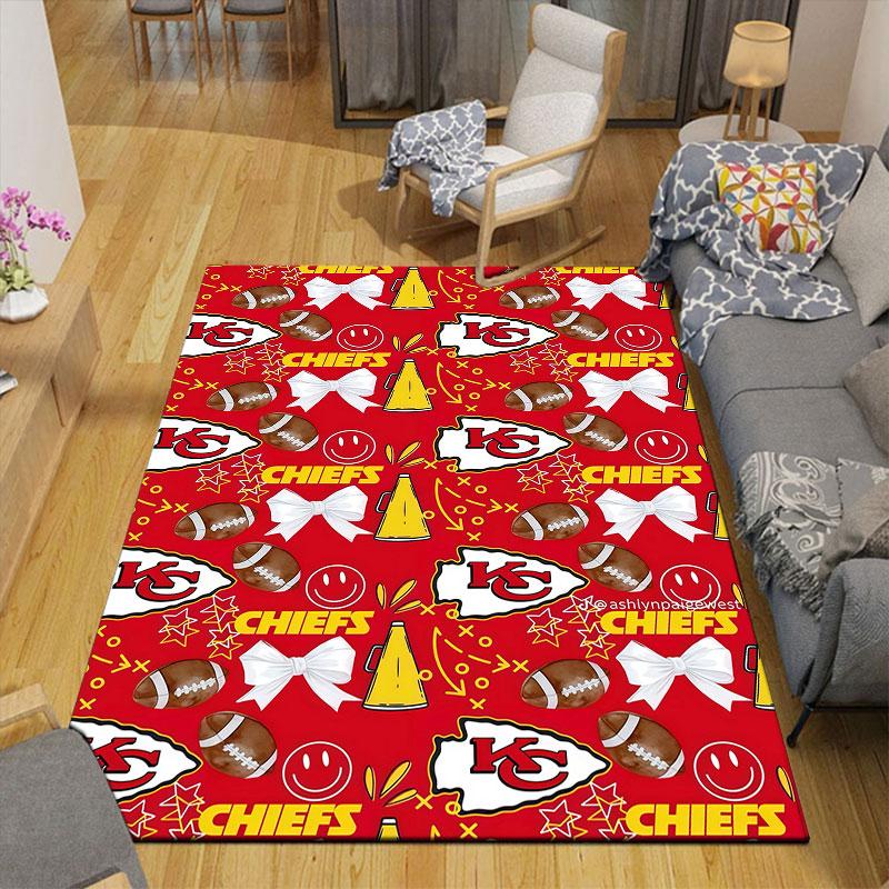 Kansas City Chiefs Flannel Printed Carpet, Home Sofa Decoration for Living Room & Bedroom, Non‑Slip Play Flannel Floor Mat for Game Room