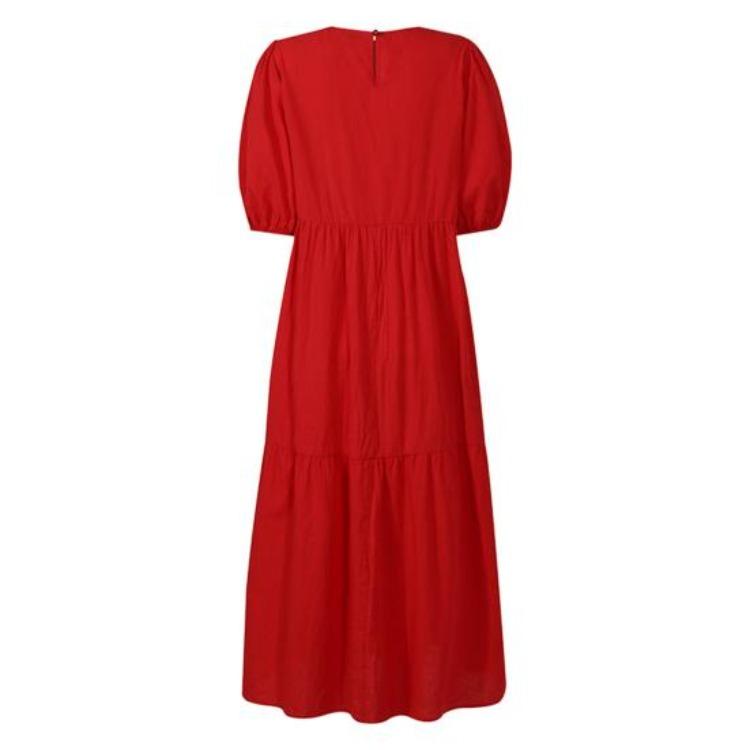 Damen Sommerkleid Locker A-Linie Maxi Knöchellang Kurzarm Rundhalsausschnitt Einfarbige Patchwork Falten Weich Atmungsaktiv Damenkleid